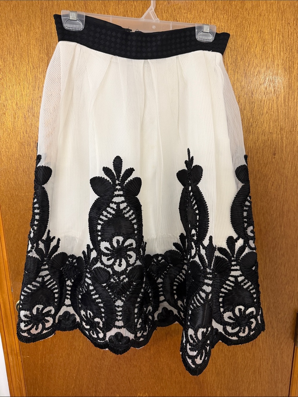 White and Black Embroidered A-Line Skirt